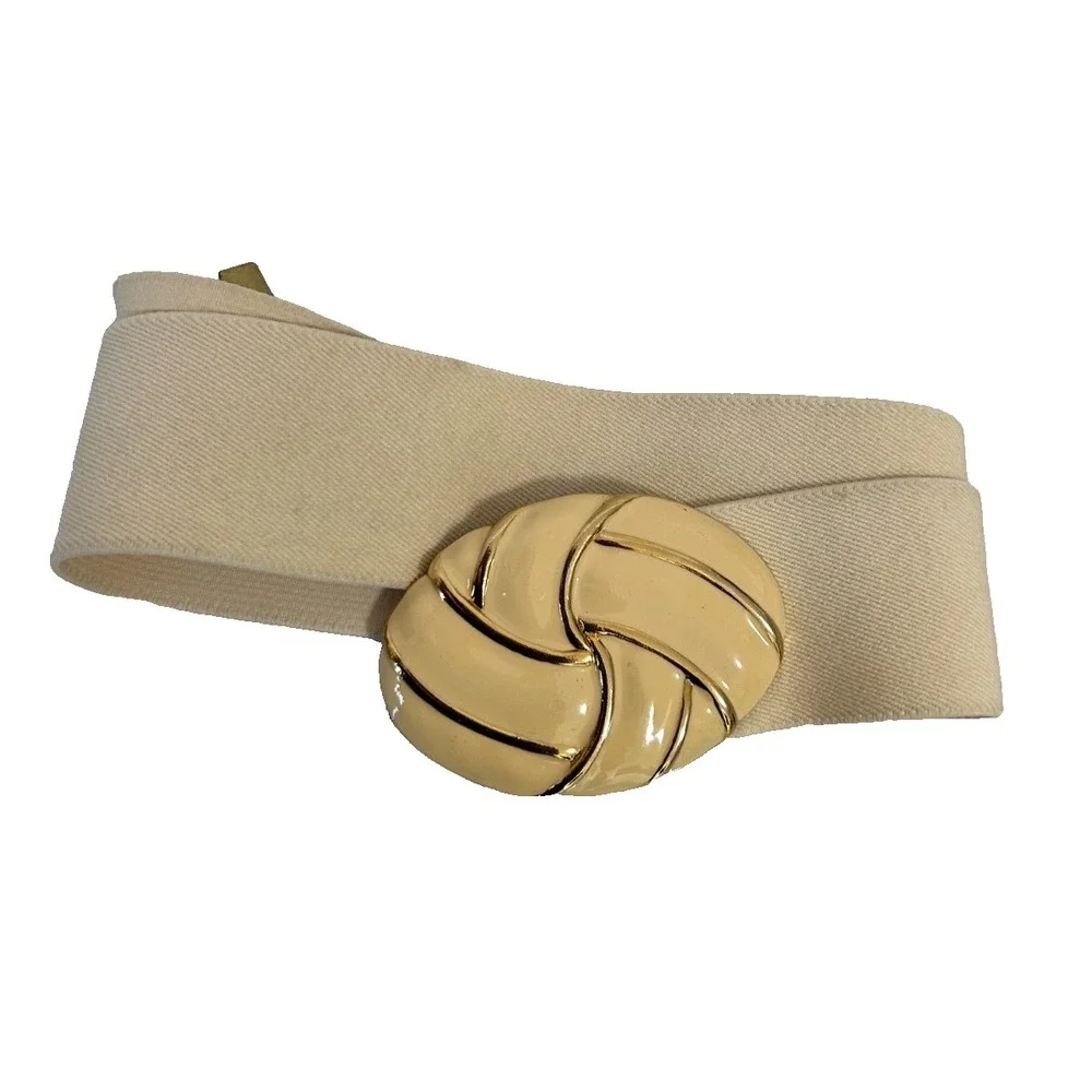 Vintage Day-Lor 80s Cream Elastic Cinch Belt M Gold Enamel Swirl Buckle USA GUC